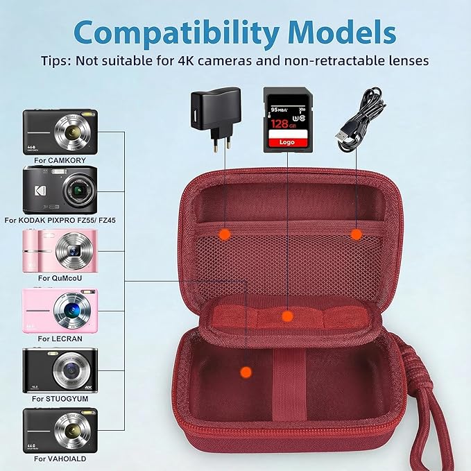 Digital Camera Case for CAMKORY/KODAK PIXPRO FZ45/FZ55/Canon IXUS 285 HS/AbergBest/Sony DSCW800/DSCW830 - Small Travel Compact Camera Holder with Mesh Pocket for SD Card & Accessories (Wine Red)