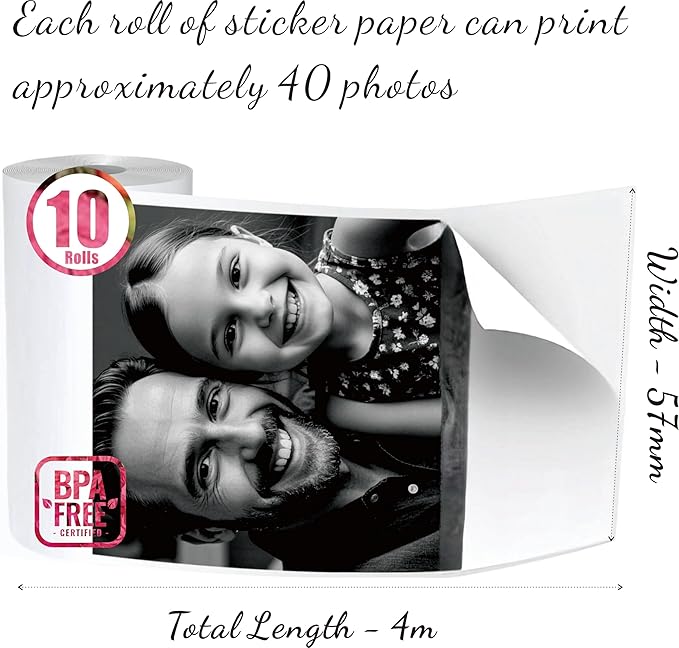 S1 Thermal Sticker Paper D20 S002 Self-Adhesive Mini Thermal Printer Sticker Paper Roll Compatible for Ponek Memoking T02 M02X M02 M02S PM290C 57 2-1/4" 10 Rolls White