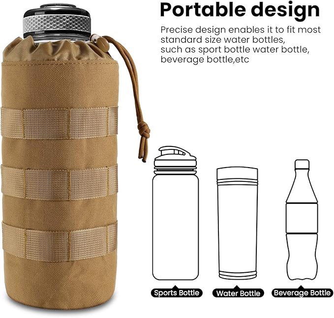 Tactical MOLLE Water Bottle Pouch with Drawstring Open Top & Mesh Bottom, Military Water Bottle Holder Bag Sports Travel Hydration Carrier