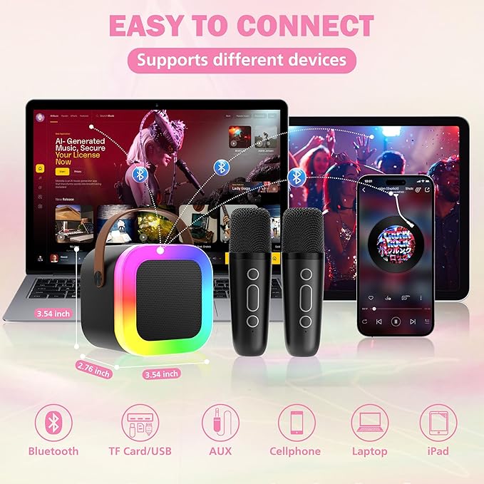 Mini Karaoke Machine for Kids Adults, Portable Bluetooth Speaker with 2 Wireless Microphones,Toys Birthday Gifts for Girls Ages 4, 5, 6, 7, 8,9,10,11,12+ Family Home Party (Black)