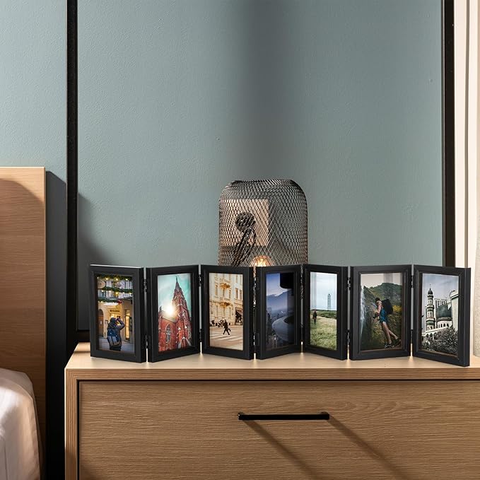 Sintuff 7 Picture Frame 4 x 6 Folding Hinged Picture Frames Foldable Photo High Definition Natural Wood Collage Mounts Rustic Desktop Acrylic Mounts for Family Wall Decor, Black