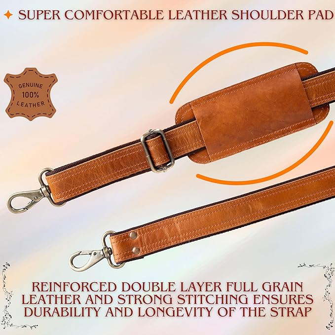 Bag Strap Replacement - Genuine Leather 57" Adjustable Shoulder Strap for Messenger, Laptop, Camera, Travel Bags