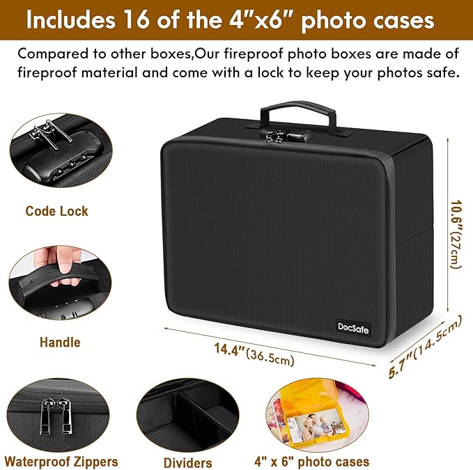 DocSafe Photo Storage Box with Lock,Fireproof Photo Organizer Box with 16 Inner 4" x 6" Photo Case(Multi-Colored),Collapsible Portable Photo Filing Safe Storage with Water-Resistant Zipper for Photos