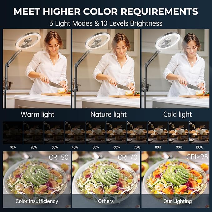 10" Ring Light with Stand Tripod for iPhone, Overhead Phone Camera Mount, Adjustable 70" Height Tripod Holder Floor, Phone Stand for Video Recording Filming Streaming Cooking TikTok YouTube, CRI >95