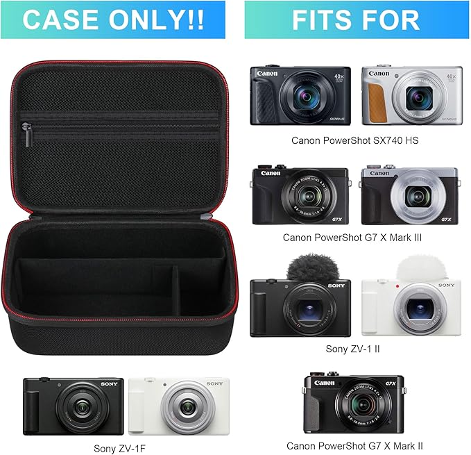 BOVKE Carrying Case for Canon G7X Mark III Mark II, PowerShot SX740 SX730, Sony ZV-1 II/ZV-1F Compact 4K Vlogging Digital Camera Travel Storage Bag for Tripod Microphone Cameras Accessory, Black