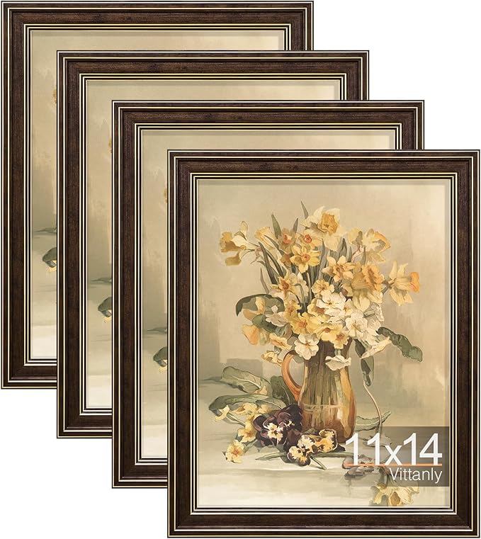 Vittanly 11x14 Picture Frame Set of 4, Vintage Photo Frame for Wall Mount, Display 8x10 Pictures with Mat or 11x14 without Mat, Rustic Farmhouse Home Decor, Brown