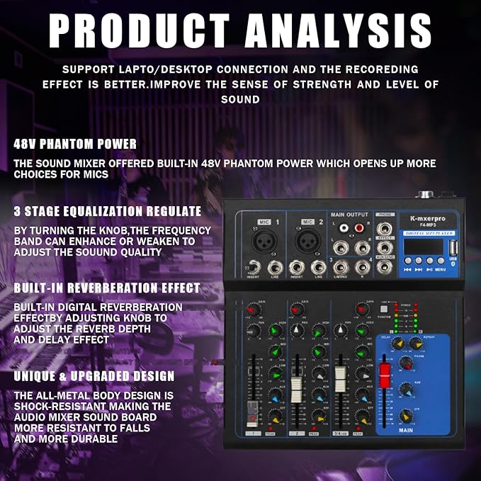 4 Channel Mixer With 48v Phantom Power,USB Audio Mixer Board For Live Show Streaming Recording Music Stage Karaoke