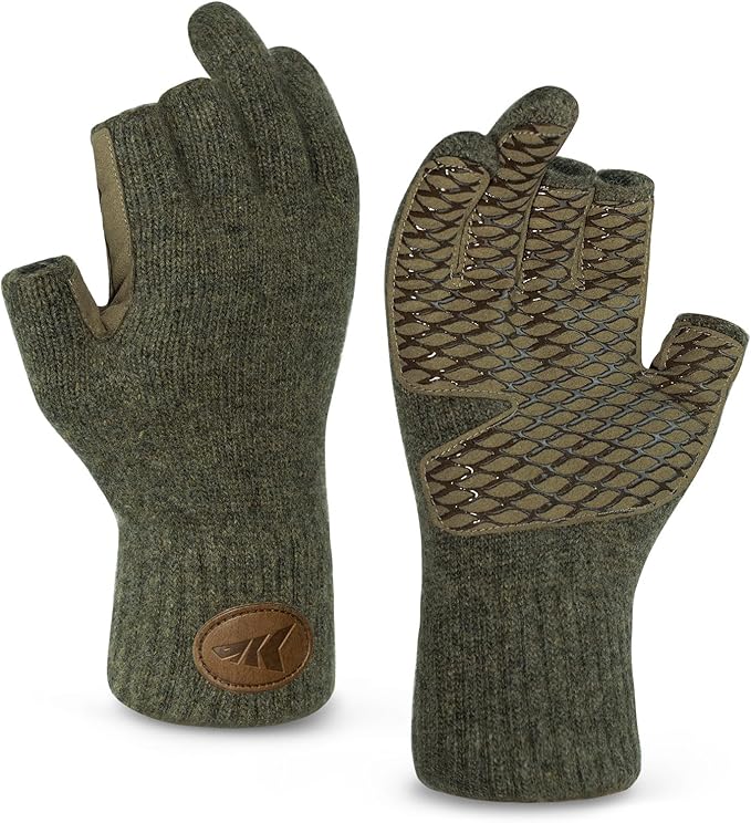 KastKing Bully Wooly 3-Cut Fingerless Wool Fishing Gloves, Cold Weather Warm Winter Gloves for Men & Women, Ice Fishing