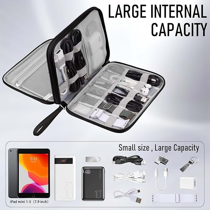 Arae Electronic Accessories Organizer, Travel Essentials Cable Bag with Double-Layer Storage for Cables, Cards, Chargers - Black, L