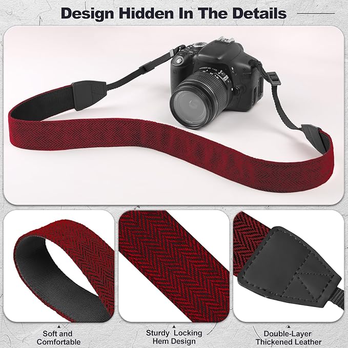 Universal Camera Strap - Camera Neck Strap, Adjustable Shoulder Straps Compatible with Canon, Fujifilm, Nikon, Olympus, Panasonic and other SLR and mirrorless cameras - Red and Black Stripes