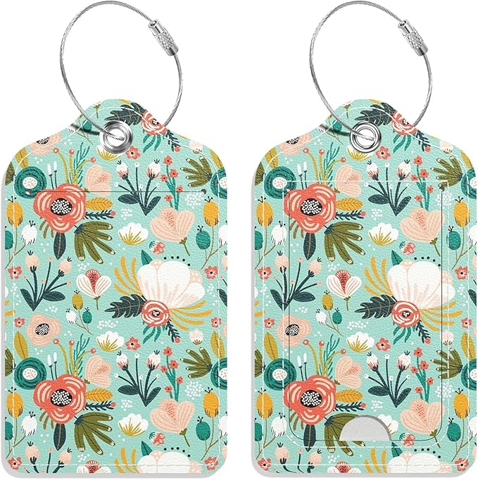 Luggage Tags for Suitcase, 2 Pack PU Leather Travel Cruise Luggage Tag with Privacy Flap, Name ID Label and Metal Loop for Women Men Suitcase Baggage Bag Backpack Instrument, Green Flowers