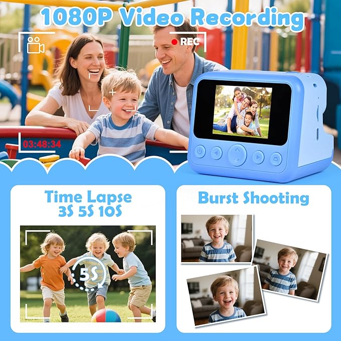 Kids Instant Print Camera, 30MP 1080P HD Digital Camera for Boys Girls with Color Pens & 32GB Card, Christmas Birthday Gifts Kids Toys for 3-12 Years Old (Blue)
