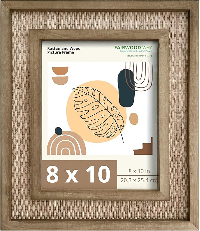 Rattan Picture Frame for 8x10 Photos – Natural Fir Wood with Woven Rattan Mat, Boho Coastal Decorative Frame, Vertical/Horizontal Display, Tabletop or Wall Mount (12.5" x 14.5" Outer Size)