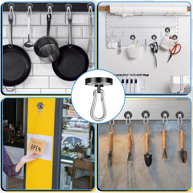 VSKIZ Magnetic Hooks Heavy Duty 150Lbs, 4 Pack Super Strong Magnetic Hooks with Swivel Carabiner for Cruise, Black Neodymium Magnet Hooks Magnetic Wall Hanger for Hanging, Toolbox, Grill, Cabins
