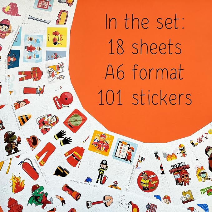BulbaCraft Firefighter Stickers for Kids, 100Pcs Vinyl Decals, Waterproof, Reusable, Party Favors, School Supplies, Fire Truck Theme, Unisex