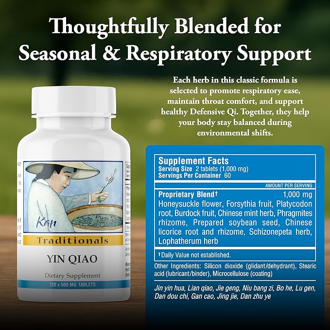Kan Herbs Company Yin Qiao – Traditional Chinese Herbal Formula for Respiratory Support, Throat Comfort, and Seasonal Balance, Helps Release Wind Heat, Herbal Supplement – 120 Tablets