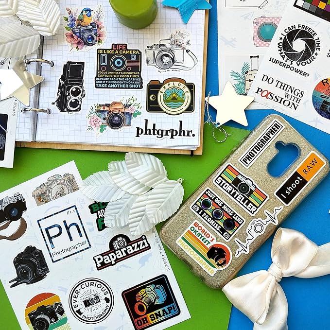 BulbaCraft 100Pcs Photography Stickers, Camera Stickers for Water Bottles, Laptop, Scrapbooking, Planners — Photographer Gifts Women, Camera Gifts for Photographers Women & Men