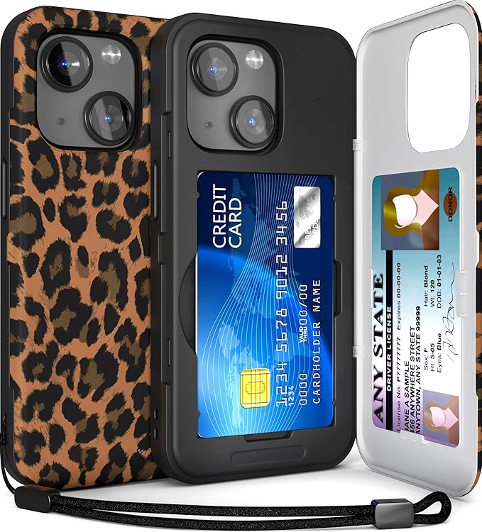 TORU for iPhone 15 Wallet Case with Card Holder, Hidden ID Credit Card Slot Flip Kickstand, Slim Fit Shockproof Heavy Duty Phone Cover with Strap - Leopard Pattern
