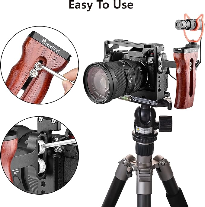 Side Wooden Handle Grip for DSLR Camera Cage, Cold Shoe Mount, Built-in Wrench, Threaded Holes, Left Right Compatible iPhone/Smartphone/Video Rig Videography/Camera Cage
