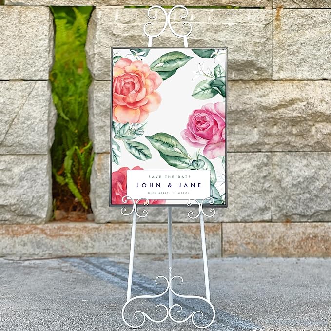 Metal Floor Standing Display Easel, 56" H White Decorative Scroll Easel Stand for Sign Wedding Picture Frame, with Chain Support