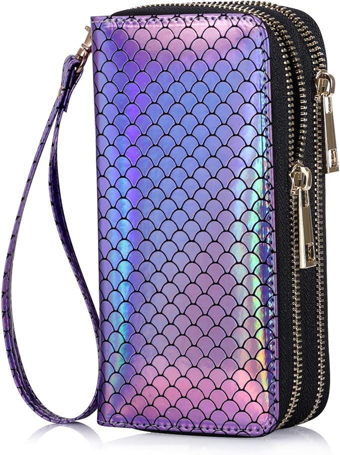 Cellphone Wallet for Women Dual Zipper Long Purse with Removable Wristlet