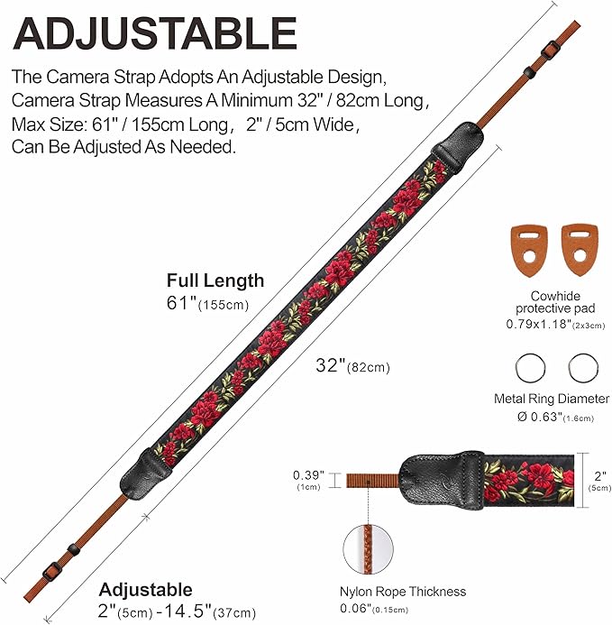 Padwa Lifestyle Rose Flower Camera Strap - 2" Wide Double Layer Cowhide Head,Pure Cotton Embroidery Camera Shoulder Straps,Adjustable Camera Neck Strap for All DSLR Cameras, Gifts for Photographers