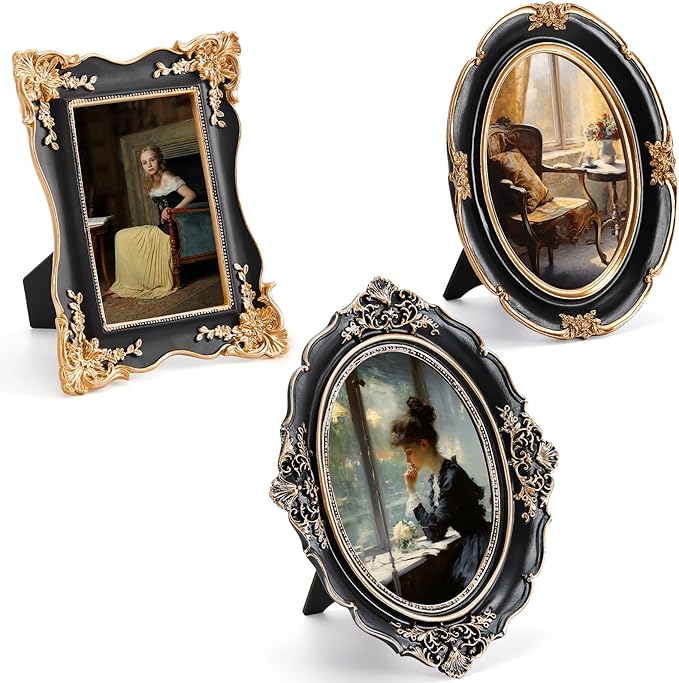 3 Pcs Black Vintage Picture Frame Set Antique Oval Picture Frames 4x6, 5x7 Inch Baroque Photo Ornate Frames with Glass Gift for Tabletop Hanging Wall Art Wedding Home(Vintage Style)