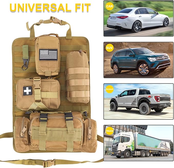 Universal Tactical Car Seat Back Organizer Bag Tactical Molle Vehicle Organizers Panel Vehicle Protector Organizers with 4 Detachable Pouches for Car Truck Ford Jeep Vehicle (Khaki)