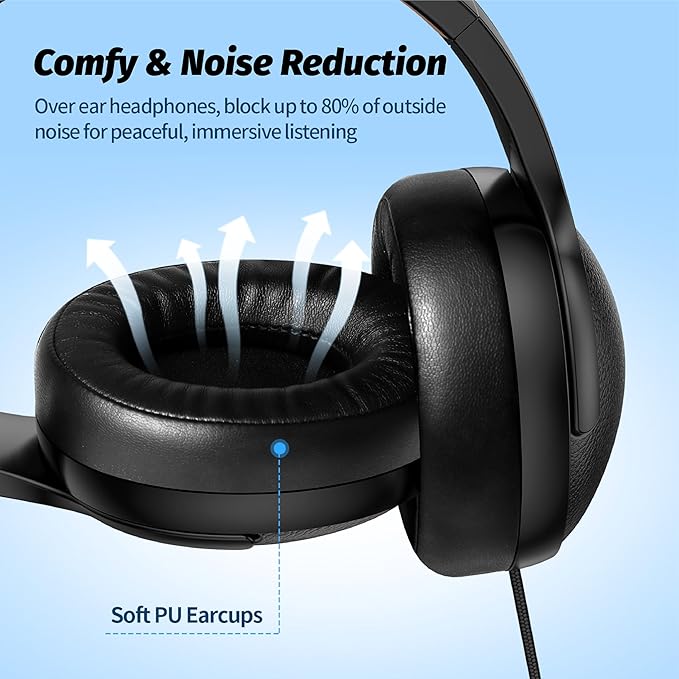 W4 Sturdy Over Ear Headphones with USB C Adapter, 3.5mm Wired Headset with Mic for Adults & Teens, School, Travel, Braided Long Wire, Velvet Pouch, for iPhone 17/16, Samsung, iPad, Black