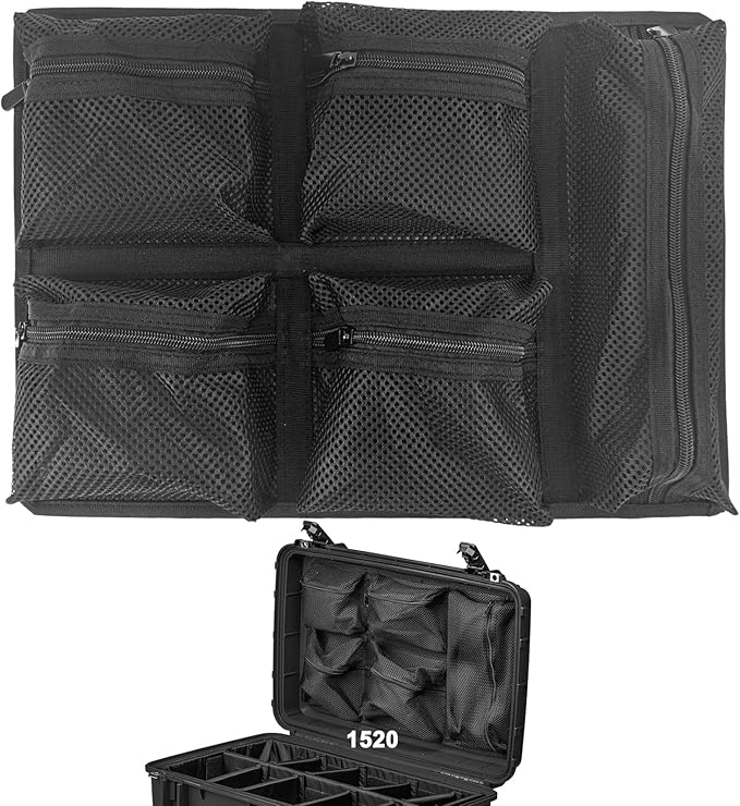 LAFENLIN UPGRADED Lid Organizer for Pelican 1520 Case, 5 Thick Mesh Pockets for Photographers & Divers, Securely Organize Camera Gears, Dive Tools in Hard Cases - No Screws, Includes Hook and Loop