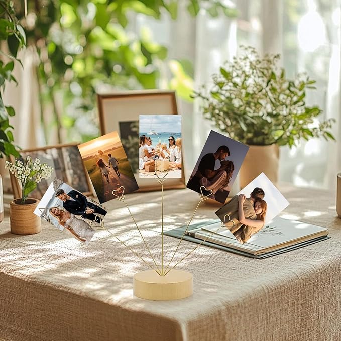 HINGTAI Heart-Shaped Photo Stand Contains Five Clips, Gold Tree Holder for Pictures Desk Photo Display Gift Tree Holder for Party, Round Base Suitable as a Gift for Holidays Weddings or Work