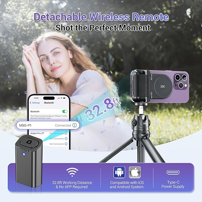 JJC Magnetic Phone Camera Grip Handle with Wireless Shutter Remote, Magsafe Camera Handle Bluetooth Bracket for iPhone Android Smartphone with 1/4” Tripod Screw for Video Photo Shooting (Black)