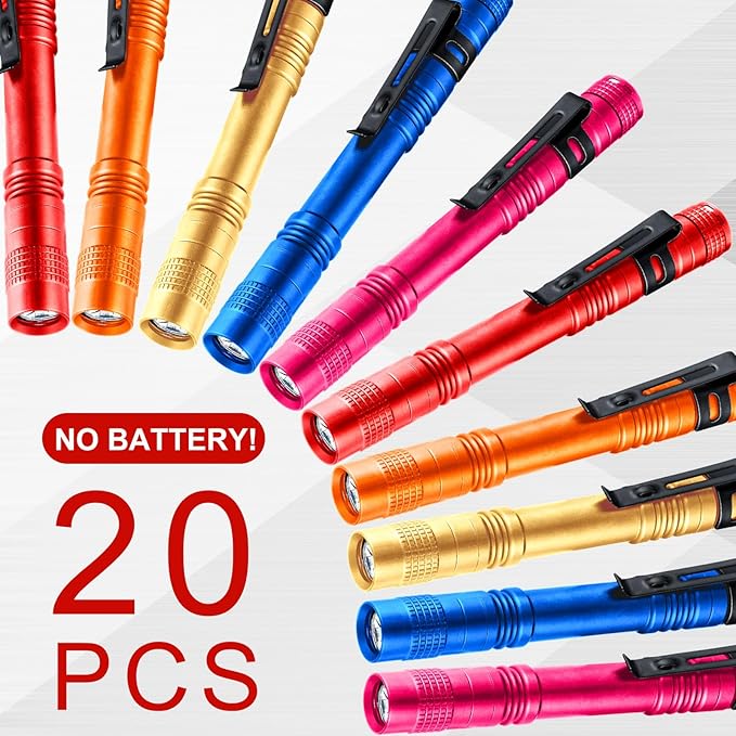 Hortsun 20 Pcs Mini Pen Light Flashlights Christmas Gifts for Men Pocket Flashlights Pen with Clip Small LED Handheld Slim Torches Without Battery(5.12 Inch,Red, Rose Pink, Yellow, Blue, Orange)