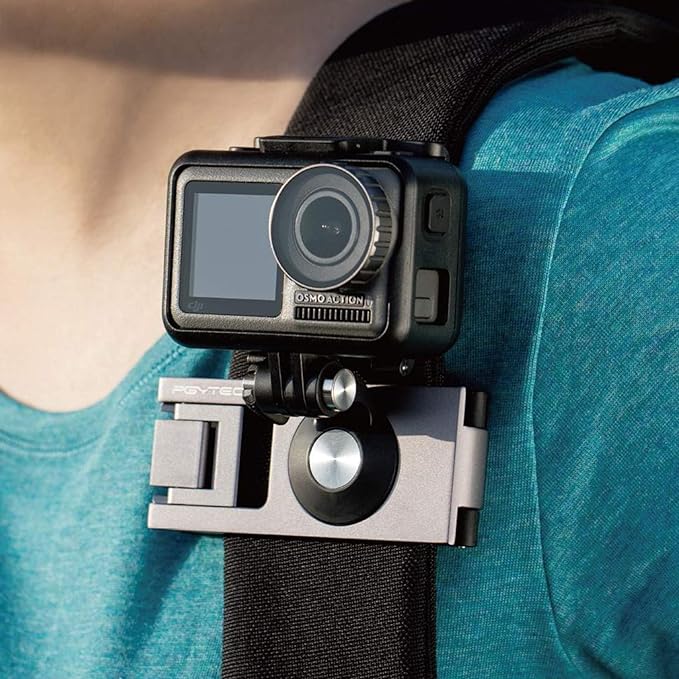 PGYTECH Backpack Shoulder Strap Holder Clip for DJI OSMO Action 6/5 Pro/Pocket/Xtra Muse, GoPro 13/12/11, Insta360 Action Camera Gimbal Accessories Adjustable Shoulder Pad and 360° Rotating Base