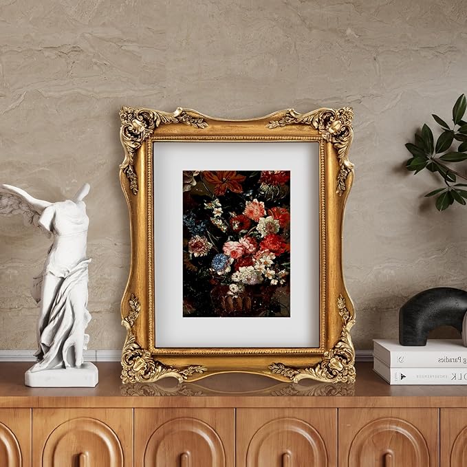 8x10 Gold Vintage Picture Frame, Ornate Baroque Gothic Victorian Frames with Mat for 5x7 or 8 x 10 Photos, Tabletop or Wall Display, Antique Home Decor Accent