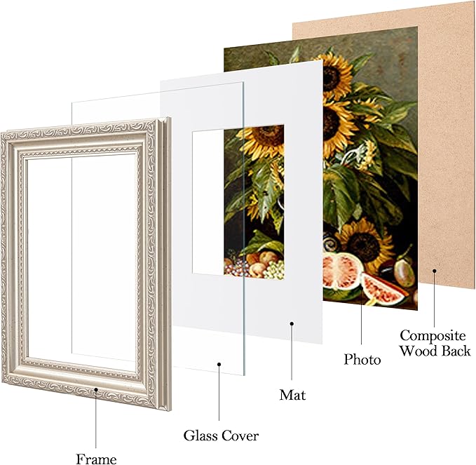 eletecpro 5x7 Picture Frames Set of 4, 5 x 7 Vintage Frames with Glass Cover, 5 by 7 Photo Frame Displays 4x6 Photo with Mat or 5x7 without Mat for Tabletop or Wall Decor, Silver Beige