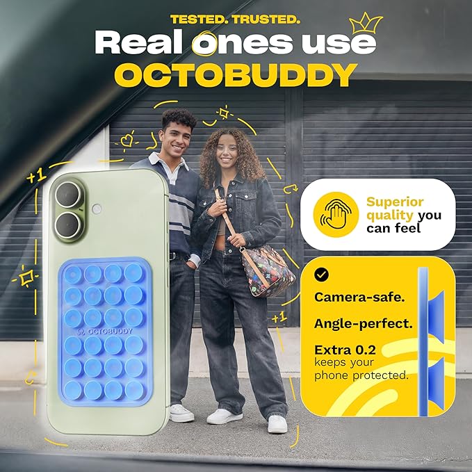 OCTOBUDDY Classic - Silicone Suction Phone Case Adhesive Mount - Hands-Free, Strong Grip Holder for Selfies & Videos - iPhone & Android Compatible - 2.25″ x 3.25″, Blue Ashes