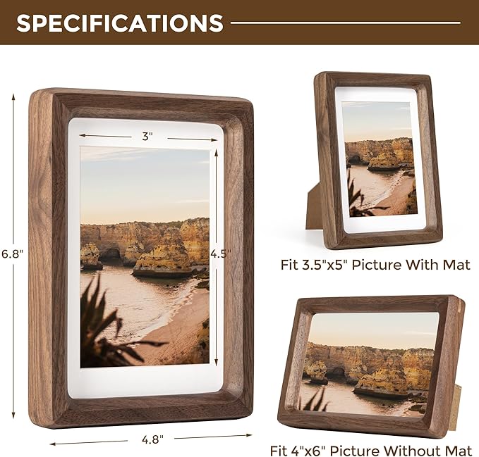 Dreamland 4x6 Matted to 3.5x5 Picture Frame Solid Walnut Wood Picture Frames Handcrafted Rounded Corner with HD Tempered Glass Tabletop or Wall Mount Display, 1 Pack