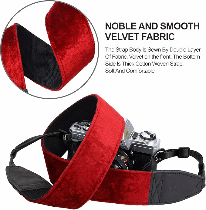 Padwa Lifestyle Velvet Camera Strap - 2" Double Layer Full Grain Cowhide Leather Head Camera Straps for Photographers,Unique Soft Velvet Fabric with Quick Release fits all Cameras - Ruby Red