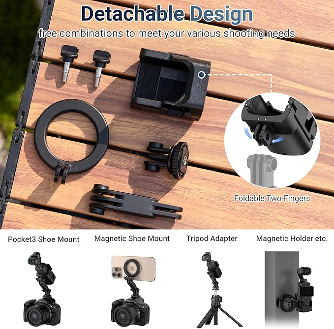 JJC Pocket 3 Magnetic Phone Holder for DJI Osmo Pocket 3 & Xtra Muse Accessories, Detachable Expansion Adapter Compatible with Magsafe Cell Phones/Case, Folding 2-Fingers for Tripod & Extension Rod