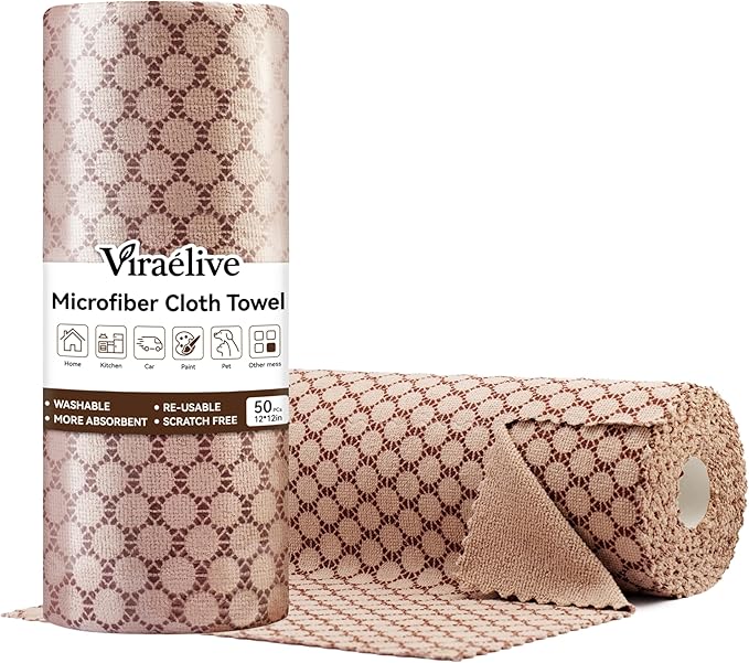 Microfiber Cleaning Cloth Roll, 50-Count, Reusable, Durable, Absorbent, Lint-Free Non-Scratch Towels, Dish Rags for Kitchen, Home, Window & Screens, Paper Towel Alternative, Brown Dot, 12x12 in