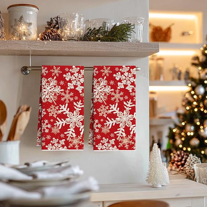 Artoid Mode Red Snowflakes Winter Kitchen Towels, 18x26 Inch Quick Dry Microfiber Cloth Dish Towels for Kitchen Drying Set of 2