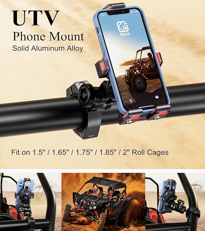 BRCOVAN Anti-Theft Aluminum Alloy UTV Phone Holder with Vibration Dampener & Secure Lock, Adjustable Roll Cage Cellphone Mount Fit 1.5''/1.65''/1.75''/1.85''/2'' Roll Bar, for 4.7''-7.2'' Smartphone