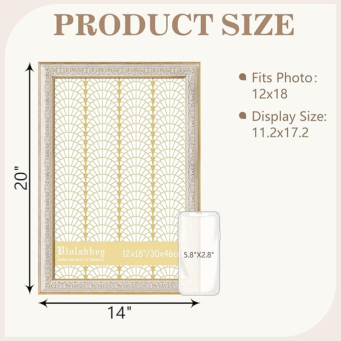 VIOLABBEY 12x18 Picture Frame White, Vintage Photo Frames Ornate without Mat for Wall Hanging