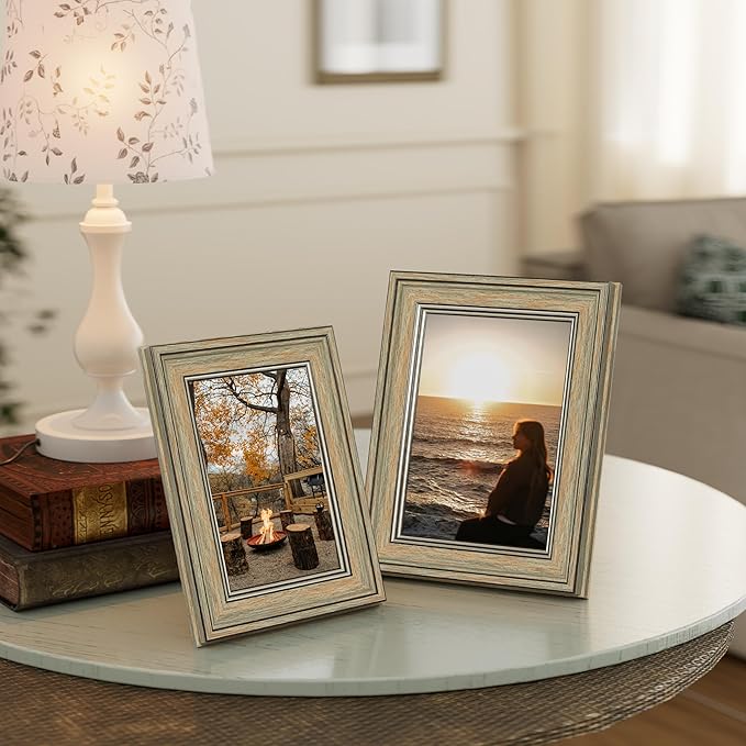 Vittanly 4x6 Picture Frame Set of 4, Vintage Photo Frame for Wall or Tabletop, Display 4x6 Pictures, Rustic Farmhouse Home Decor, Vintage Green