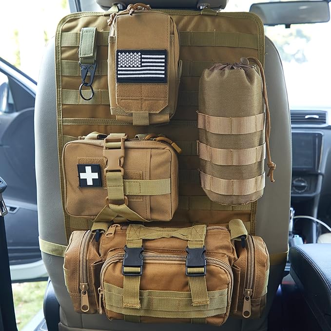 Universal Tactical Car Seat Back Organizer Bag Tactical Molle Vehicle Organizers Panel Vehicle Protector Organizers with 4 Detachable Pouches for Car Truck Ford Jeep Vehicle (Khaki)