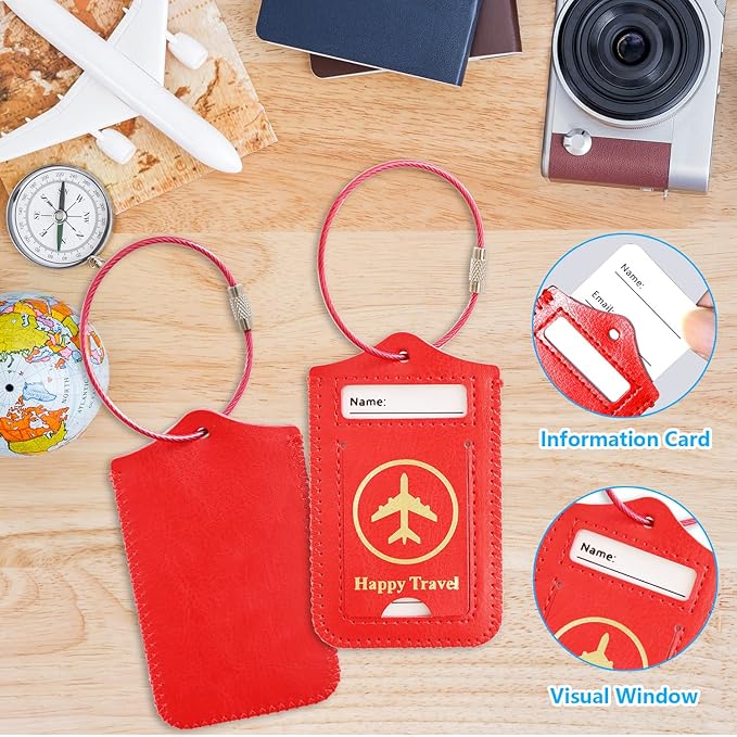 Luggage Tags, ACdream Leather Case Luggage Bag Tags Travel Tags 2 Pieces Set, Red
