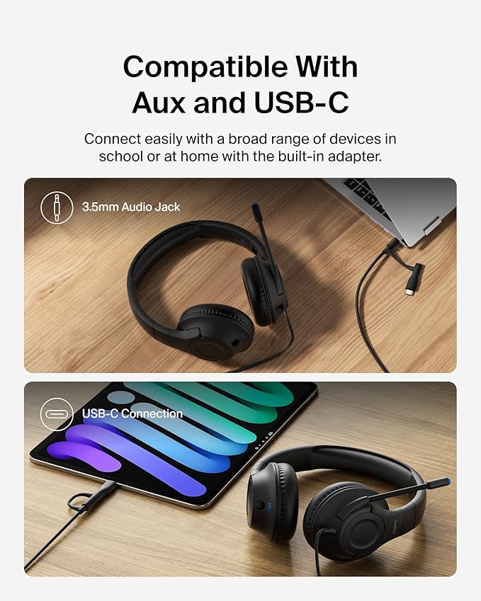 Belkin SoundForm Inspire Wired Over-Ear Headset for Kids, Online Learning & Travel w/Built-in Boom Mic, 85dB Safe Volume Limit - USB-C & 3.5mm - Compatible w/iPhone, iPad, Galaxy & More - Black