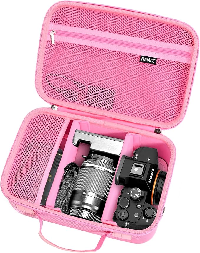 RAIACE Hard Case Compatible with Sony Alpha 7 II III IV/7R V Camera, for Nikon, for Canon, for Pentax and More. Large Capacity With Mesh Pocket for Lens, Charger, Cables, Cards and Accessories.-Pink