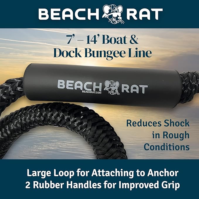 Beach Rat 7-14’ Bungee Boat Anchor & Dock Line with Stainless Steel Clip – Reduces Shock to Anchors, Docks, Cleats & Pylons – Boat Rope That Stretches – Beach Rat Anchor Accessory (Black)